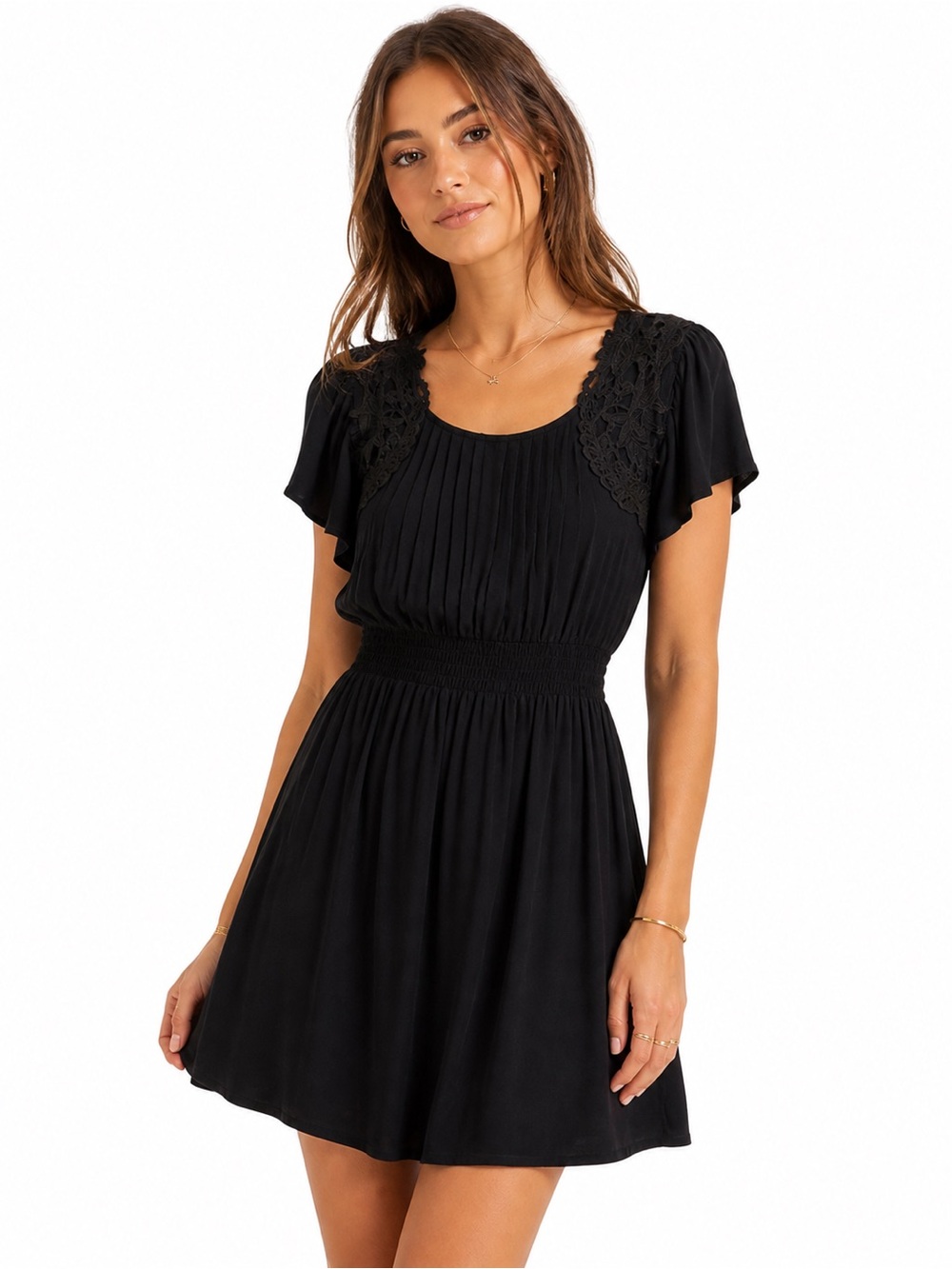 Fun & Flirt Black Boho Mini Dress
Lace Trim Flutter Sleeve Smocked Waist Small